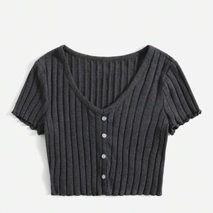 Charcoal Ribbed Button-Up Crop Top
